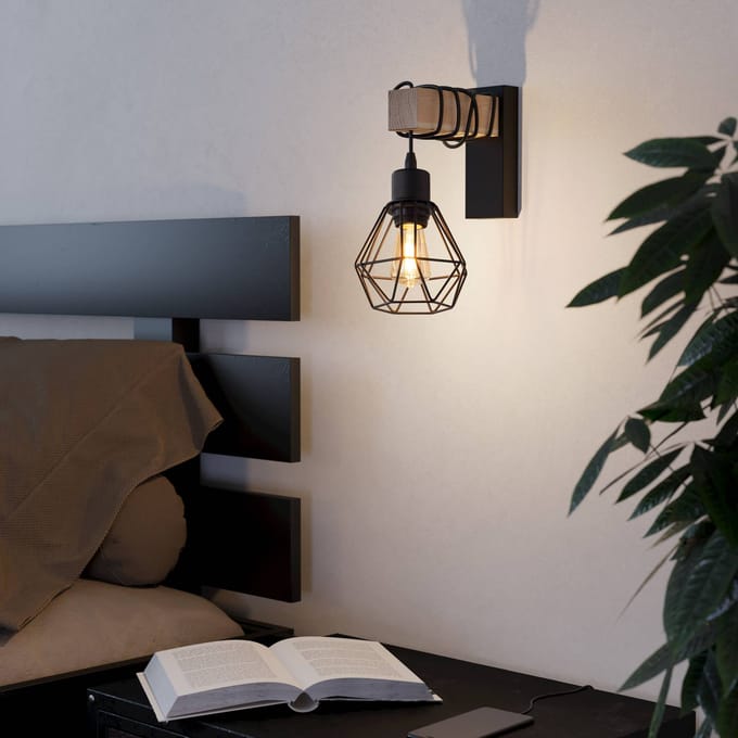 EGLO Townshend wandlamp, breedte 14 cm, zwart/eiken