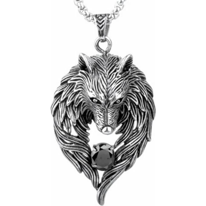 Rock Wolf Totem Diamanten Set Grote Wolvenkop Heren Mode Ketting Hanger gray