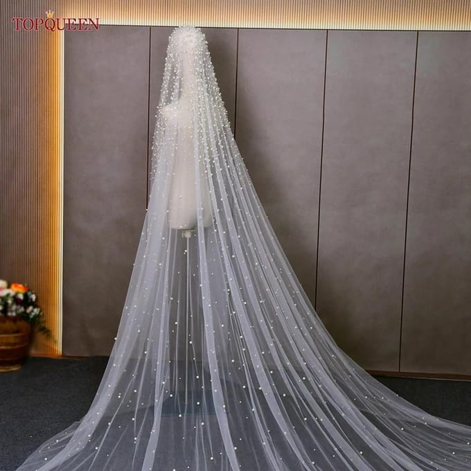 Parel Bruidssluier met Kam Kralen Bruidsaccessoires 3M Kathedraal Bruidssluier Luxe Elegant 300cm wit