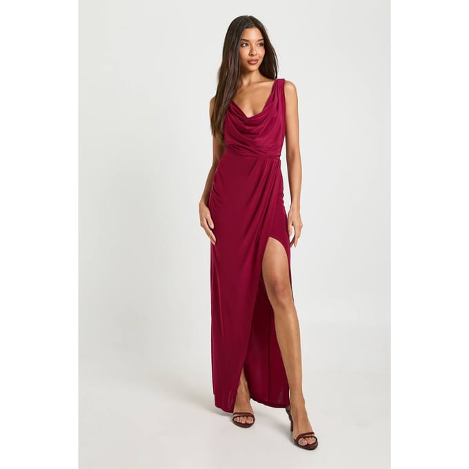 boohoo Dames Slinky Gerimpelde Wikkel Maxi Jurk | Wijn | Maat: 36