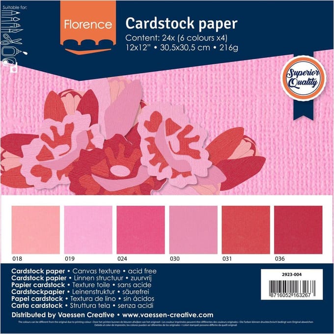 Vaessen Creative Cardstock - Rood - 30,5 x 30,5 cm - 24 vellen - Textuur - 216 g