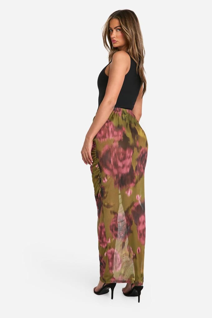 boohoo Dames Florale mesh maxi-rok met ruche details | Olijf | Maat: 38