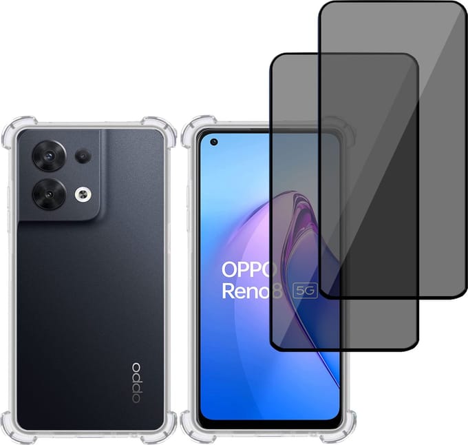 Hoesje + 2x Privé Screenprotector geschikt voor OPPO Reno 8 – Privacy Tempered Glass - Case Transparant