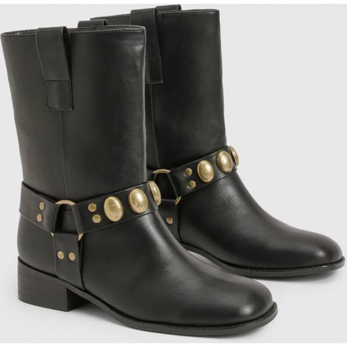 boohoo Dames Hardware harnasdetail Bikerlaarzen | Black | Maat: 3
