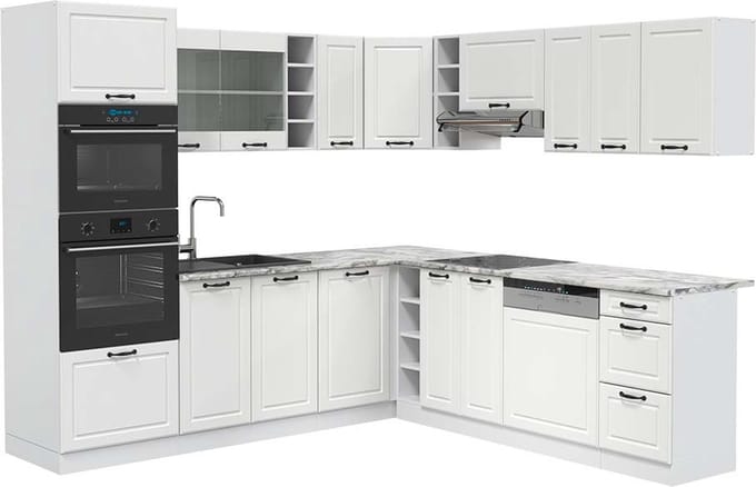 Vicco Hoekkeuken R-Line, Wit Landhuis/Wit, 247 x 237 cm, WB Marmer