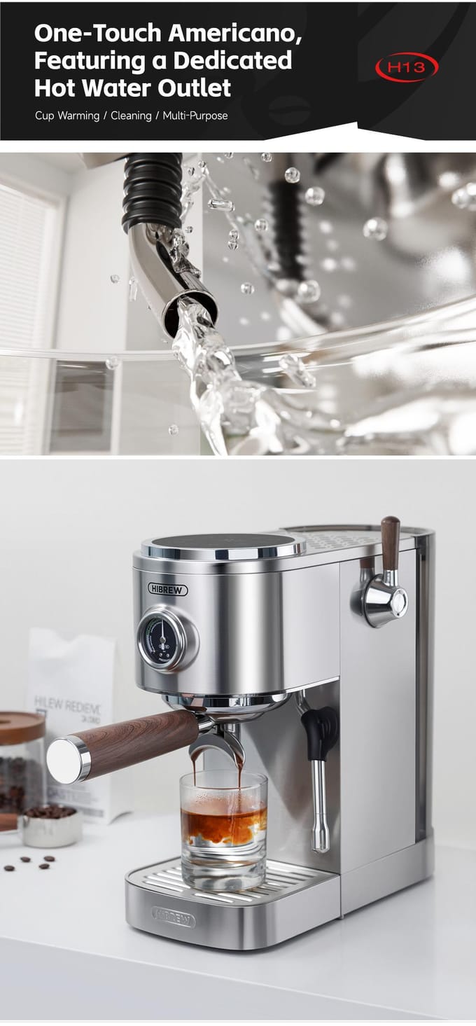 HiBREW H13 Semi-automatische Koffiemachine, Dubbel Boilersysteem met 20 Bar Pompdruk, Multifunctionele Zetmodi zilver