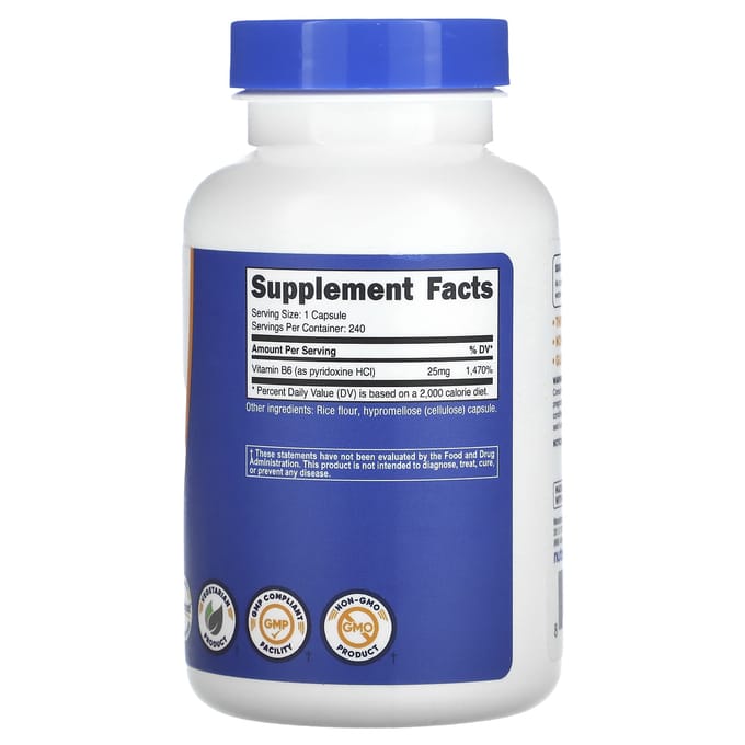 Nutricost, vitamine B6, pyridoxine HCl, 25 mg, 240 capsules