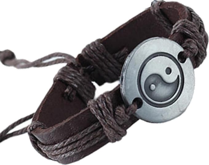 Fako Bijoux® - Leren Armband - Leder - Yin Yang - Bruin