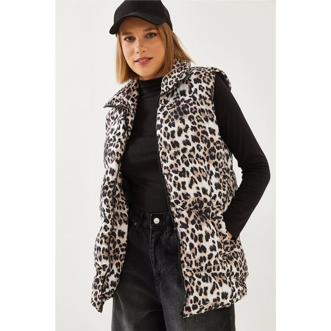 Leopardprint Mouwloze Nepleer Puffer Jacket