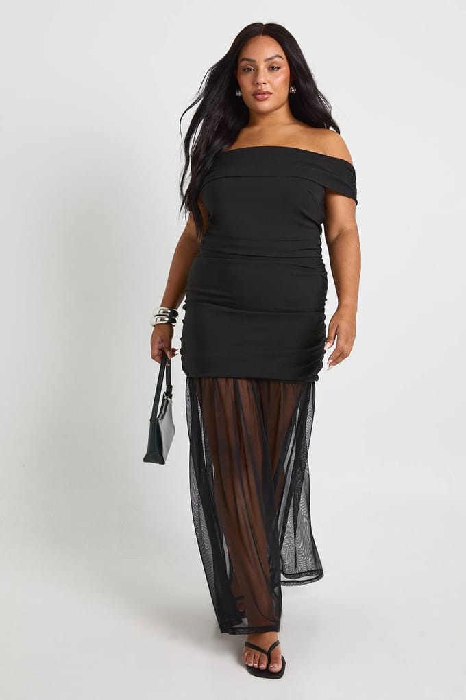 boohoo Dames Plus Bardot Gerafelde Maxi-jurk | Black | Maat: 18