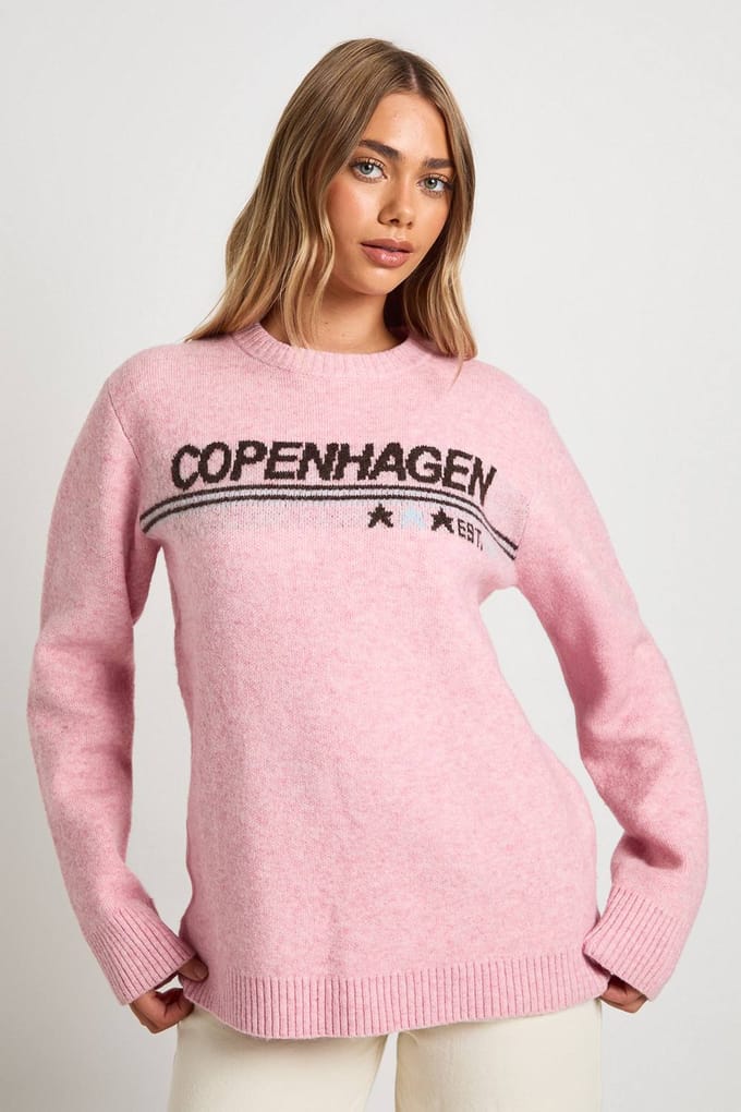 boohoo Dames Copenhagen Print Oversized Gebreide Trui | Roze | Maat: Medium
