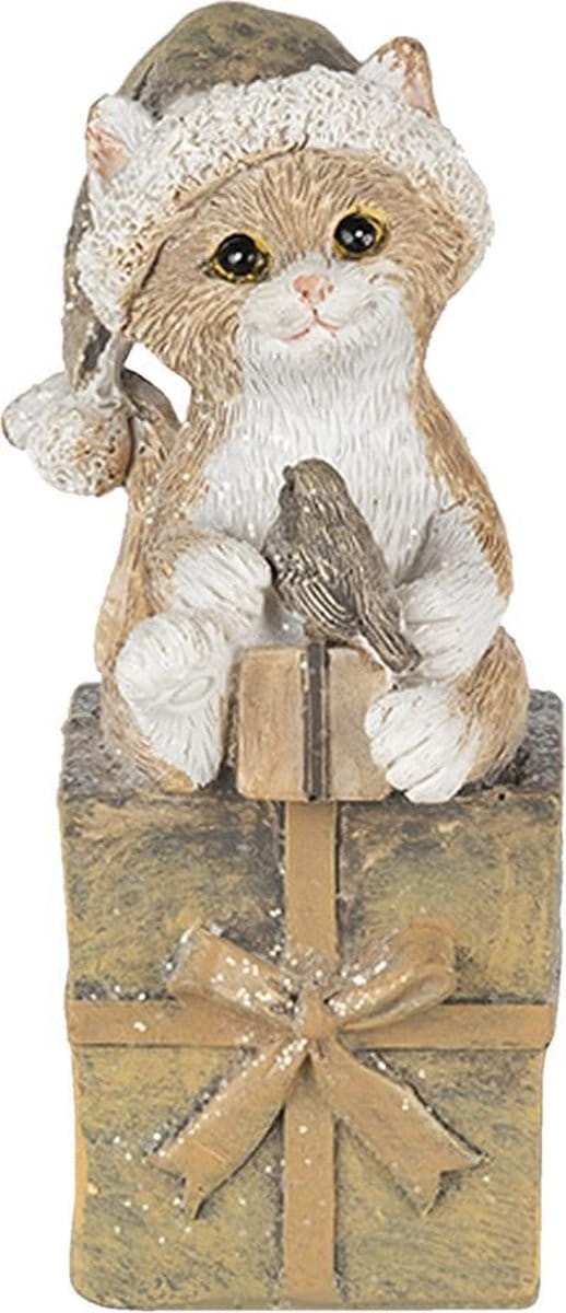 Clayre & Eef Beeld Kat 5x4x10 cm Bruin Wit Kunststof