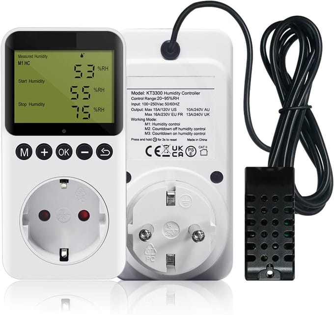 Digitale Vochtregelaar - Hygrometer Sensor - Klimaat Beheersing - AC 110-220V - 20-95% RH - Zwart
