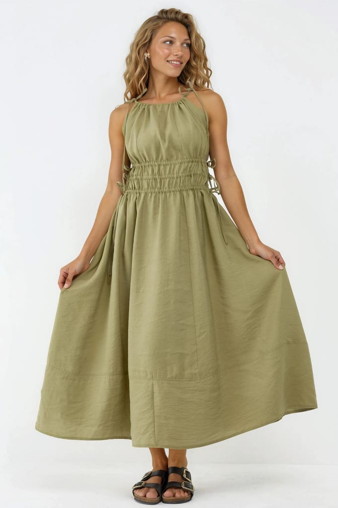 Gerimpelde Strap Midi Jurk