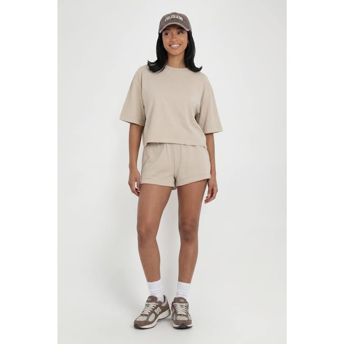 boohoo Dames Gewassen Cropped Boxy T-shirt En Sweat Short Set | Steen | Maat: Medium