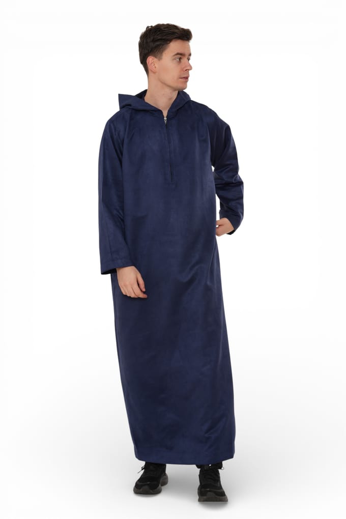 Heren Eid Marineblauwe Marokkaanse Jubba Robe Ramadan Eid Thobe met capuchon - HM12