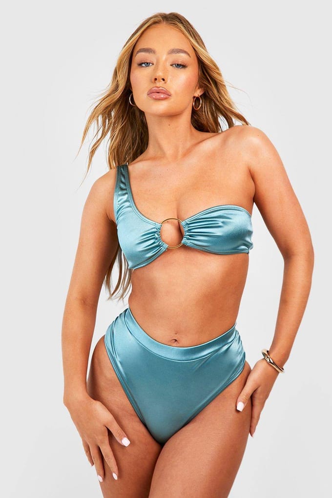boohoo Dames Satijn O-ring Éen-Schouder Bikini Top | Groenblauw | Maat: 38