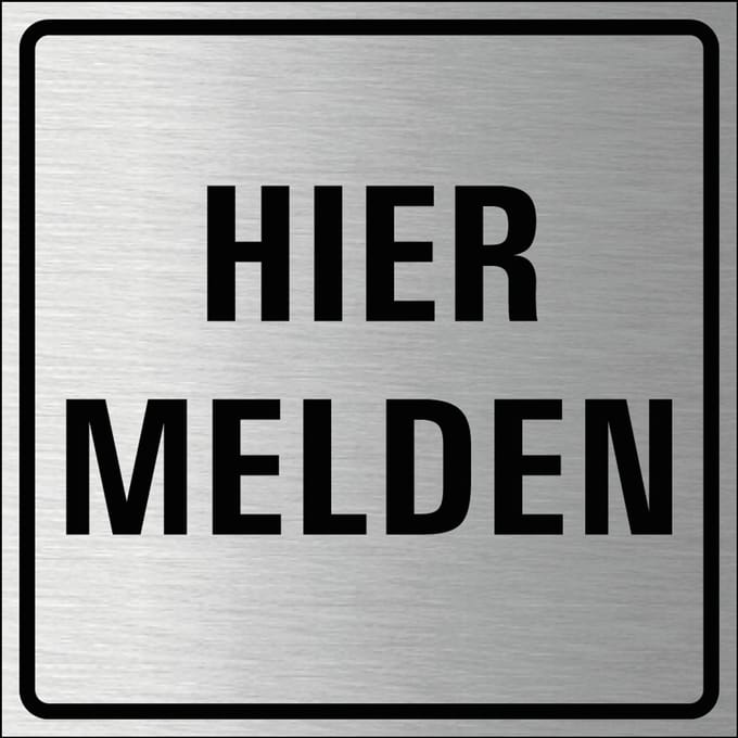 Hier melden bordje, geborsteld aluminium 150 x 150 mm