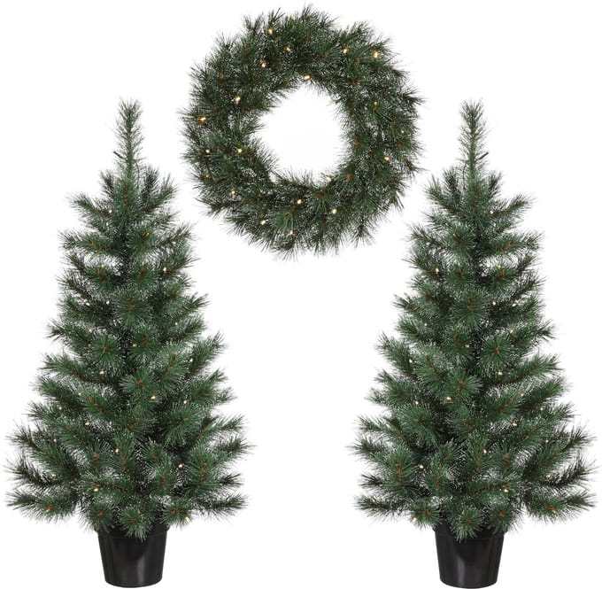 Black Box Trees Glendon Kerstboom en Kerstkrans Set - 2 Kunstkerstbomen en 1 Krans met LED Verlichting - Groen