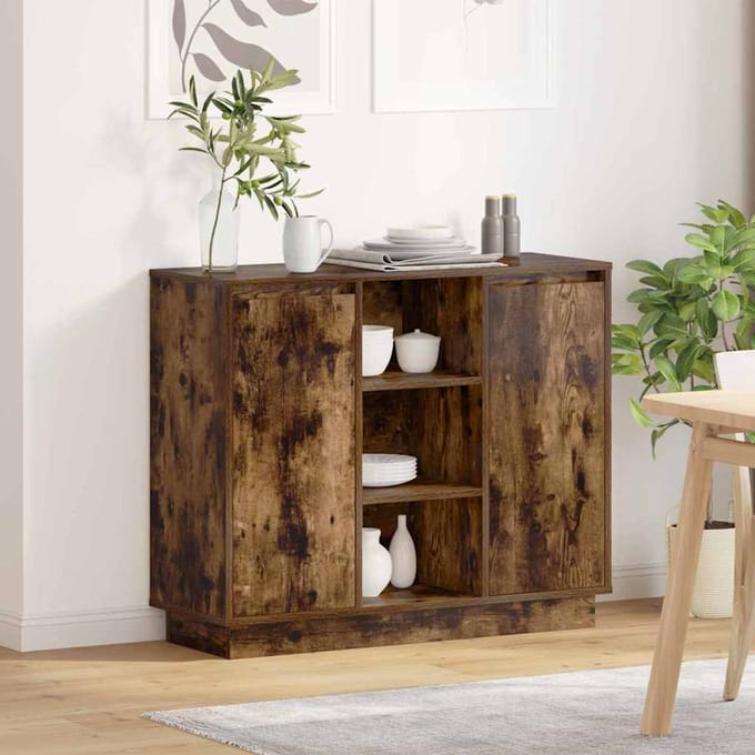 vidaXL - LED - Dressoir - Rook - Eiken - 90 - x - 32 - x - 75 - cm - Bewerkt - hout