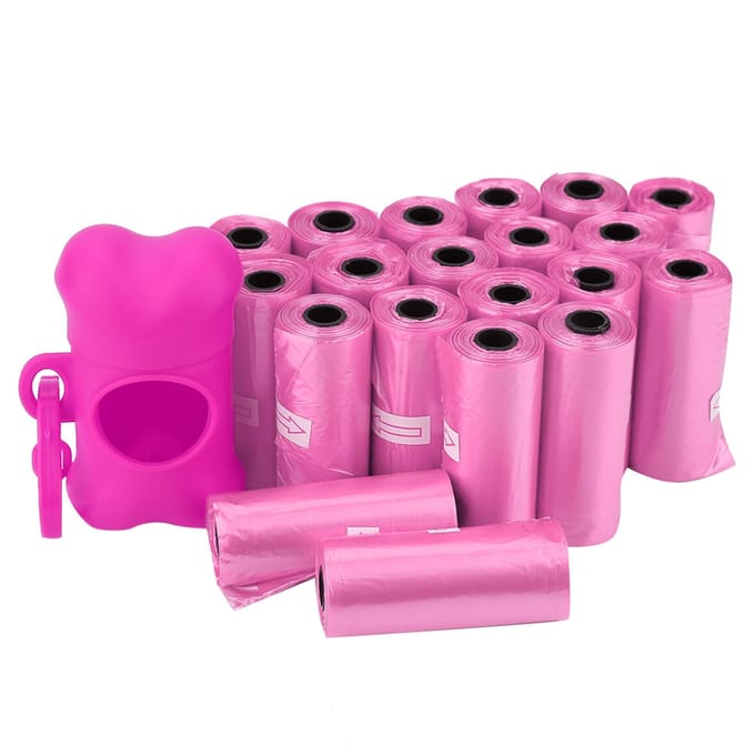 Sacs poubelles propres en plastique pour chiens, 20 rouleaux, avec support distributeur de sacs en forme d'os (Noir) pink