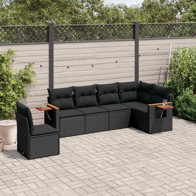 vidaXL - 6-delige - Loungeset - met - kussens - poly - rattan - zwart