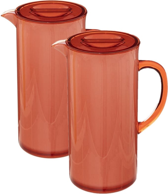 5Five Sapkan/schenkkan karaf - Set van 2x stuks - rood - met deksel - 1950 ml - kunststof - Limonade/water