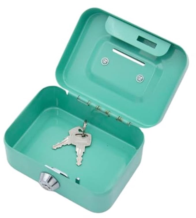 Afsluitbare geldcassette met sleutel en inzet voor munten - Klein en Compact (11,5 x 8,5 x 5,8 cm)