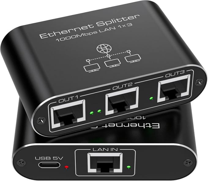 Ethernet Splitter - Netwerk Adapter - Netwerk Uitbreiden - 1 naar 3 Poorten - 1000 Mbit/s - Aluminium