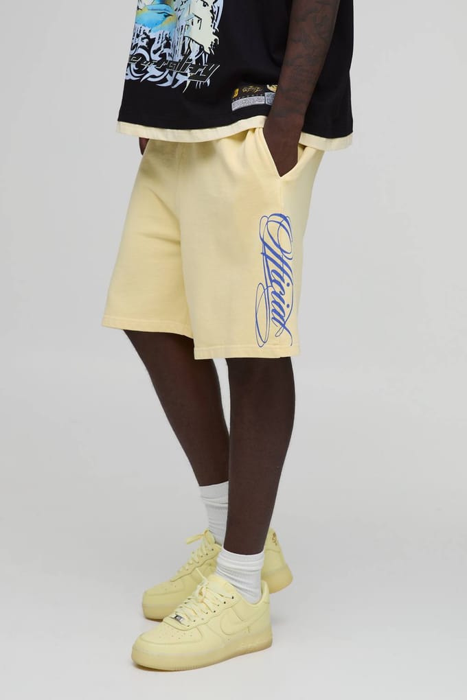 Regular Fit Slogan Gewassen Loopback Jersey Short | Yellow | Size Medium
