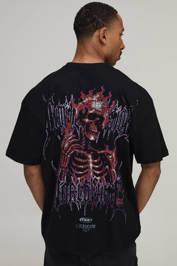 Oversized Skeleton Worldwide Large Scale Print T-Shirt | Black | Size Medium