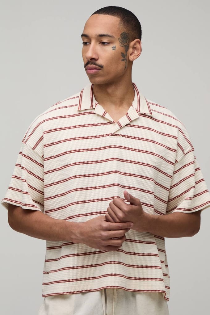 Oversized Striped Waffle Revere Polo T-Shirt | Ecru | Size Medium