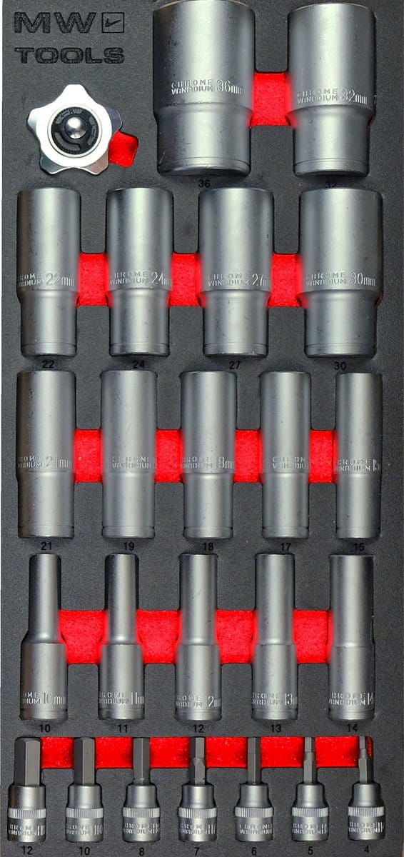 Dop-en dopbitsenset foam tray 1/2-3/8 10- 36mm 24 delig MW Tools MWD1224