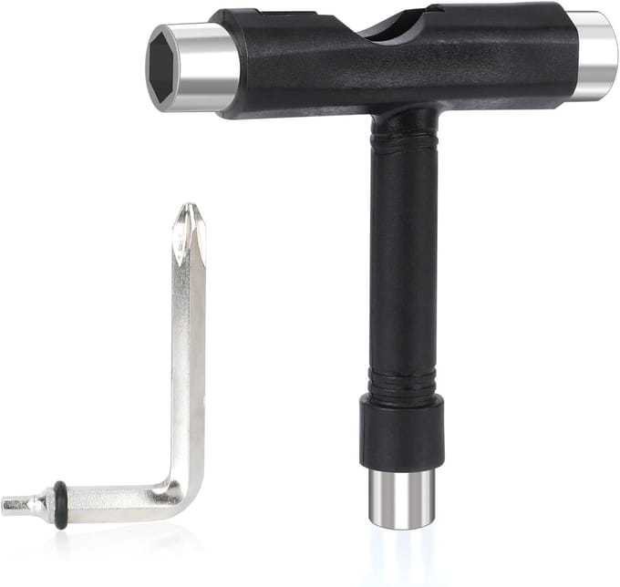 Skateboard T-Bone Tool, Multi-function Skate Tool voor Skateboards en Rollerskates, Zwart Metaal