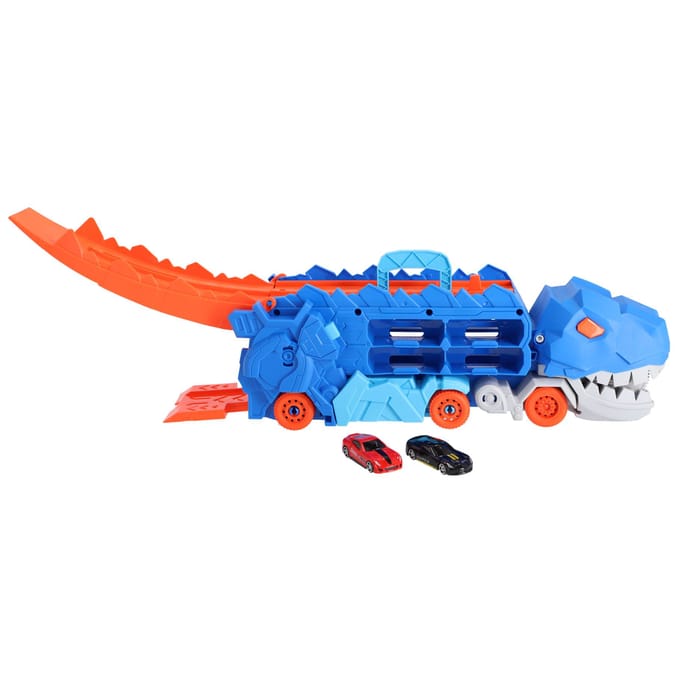 KiddyGo transporter dino speelgoed met 2 diecast auto's en racebaan.