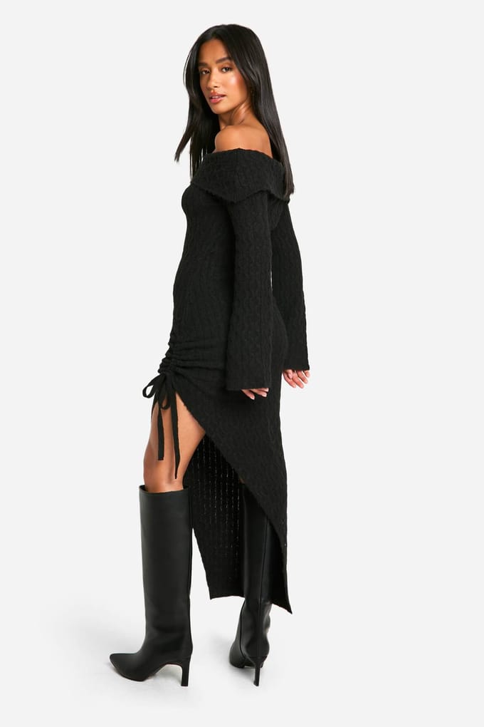 boohoo Dames Petite Soft Cable Asymmetrische Saum Bardot Maxi Jurk | Black | Maat: Large