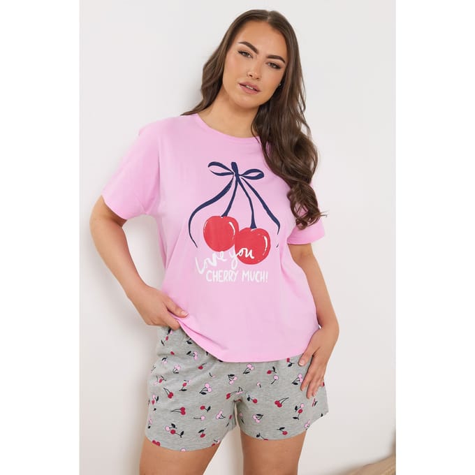 Yours Grijze Pyjamashorts Met Kersenprint Size 54-56