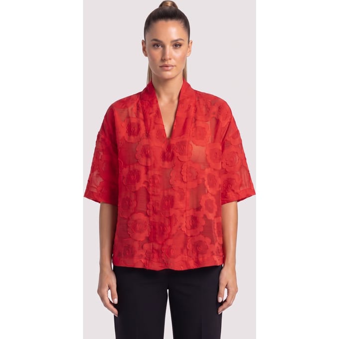 Studio Anneloes Embroidered Flower V-neck Top Bright Red Größe: S | Blusen Outlet | Damen | Rot