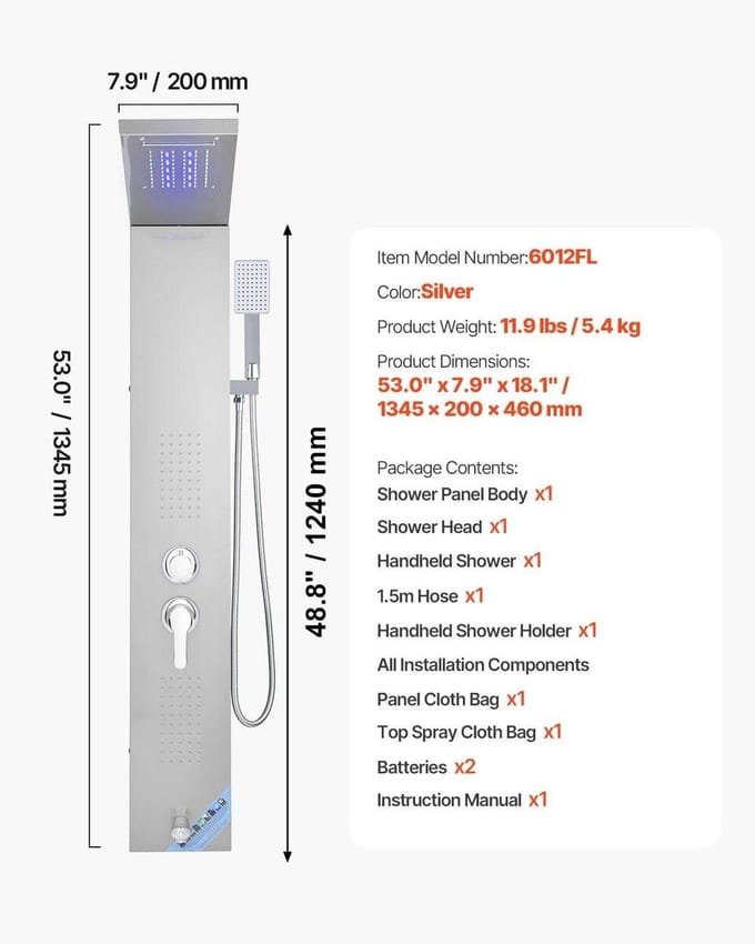 Colonne de Panneau de Douche Système Acier Inoxydable Tête Pluie 5 Modes