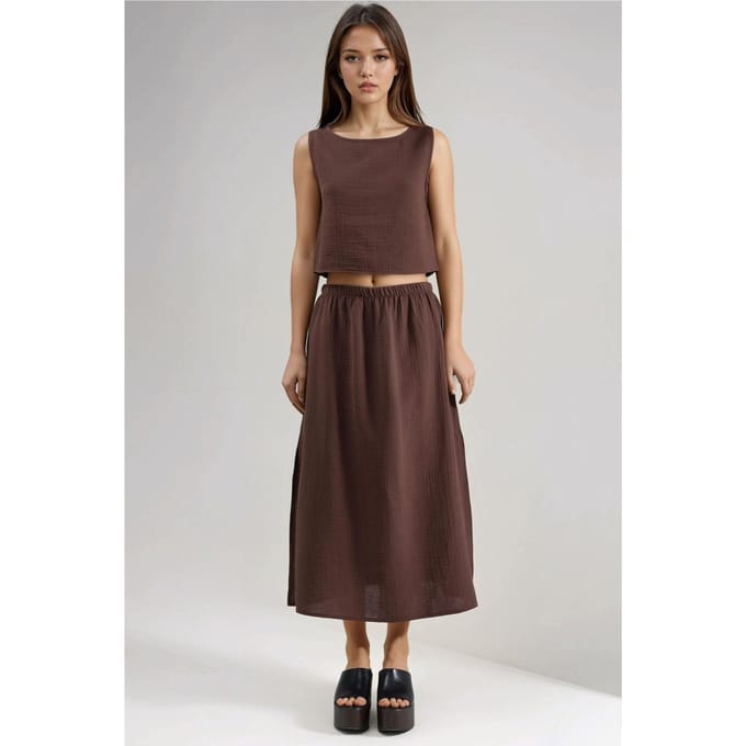 Crop Blouse en Rok met Sleuvendetails Muslin Tweedelige Set