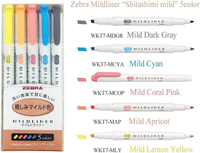 Zebra Mildliner Set : Vriendelijke kleuren - Dubbele stift - 5 stuks - Bullet journal – Stift