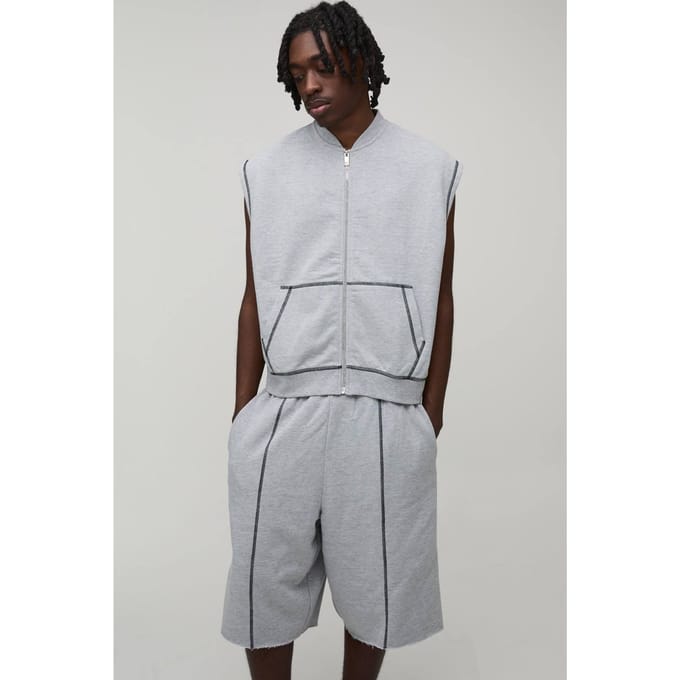 Oversized Boxy Loopback Mouwloos Ritssluiting Jersey Gilet En Jort Trainingspak | Grey Marl | Size Medium