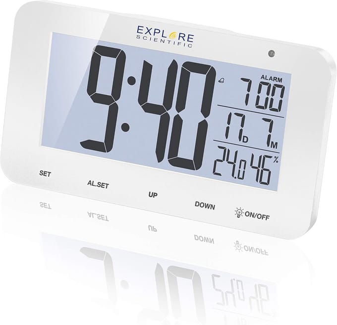Explore Scientific RDC1004 Table Clock with LED Backlight, White, Alarm & Snooze, White, with Batteries