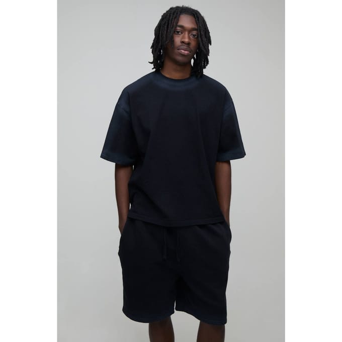 Oversized Verkort Spray Naad Gewassen T-shirt & Shorts Set | Black | Size Medium