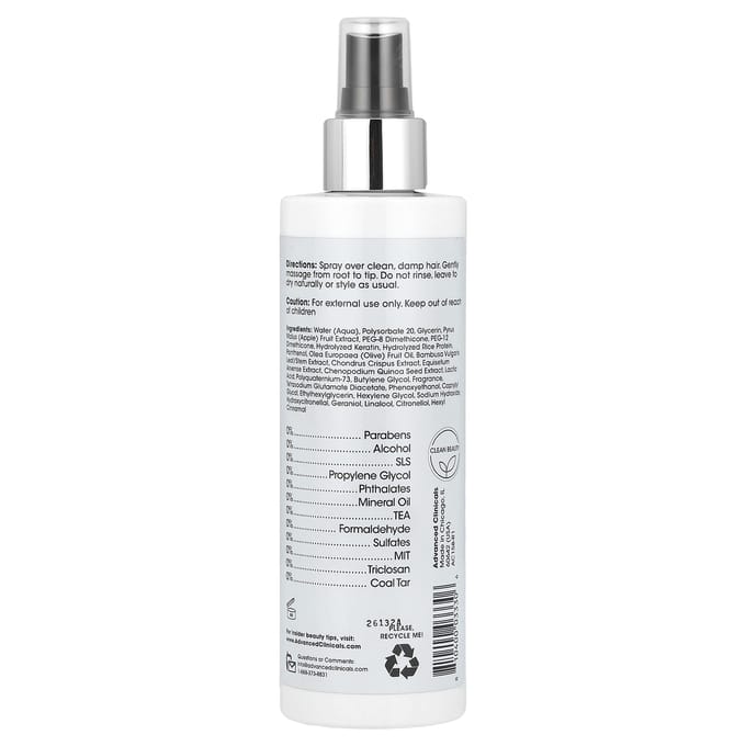 Advanced Clinicals, Keratine, Glad & Glans, Leave-In Behandeling, 8 fl oz (237 ml) white