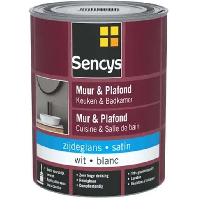 Sencys Muur- En Plafondverf Keuken & Badkamer Wit Satijn 1l