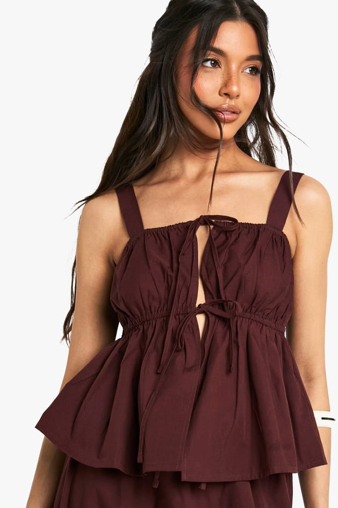 boohoo Dames Poplin Geruched Smock Cami | Chocolate | Maat: 8