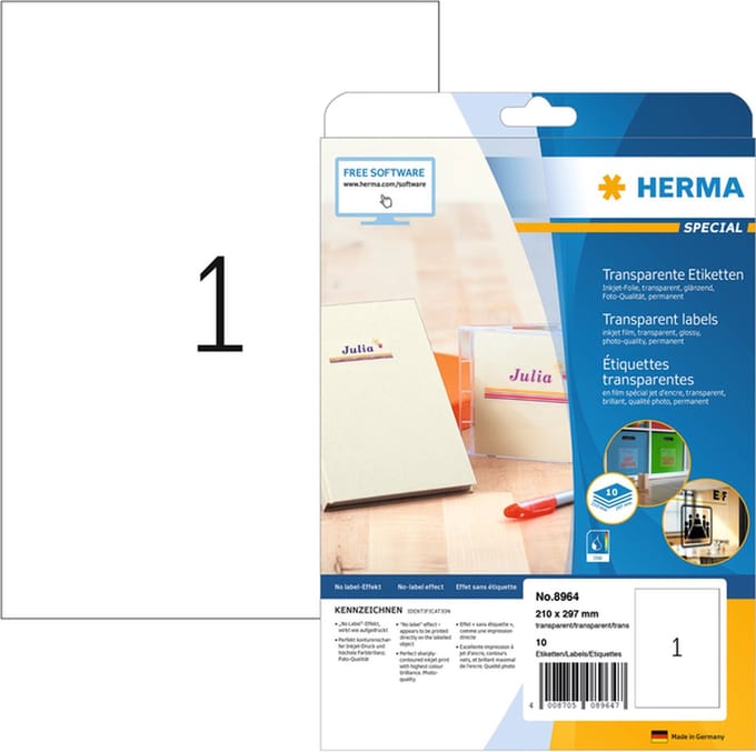 Etiket herma 8964 210x297mm 10st transp glanzend | 32 stuks