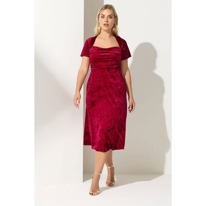 Yours London Rode Fluwelen Midijurk Met Vierkante Hals Size 52