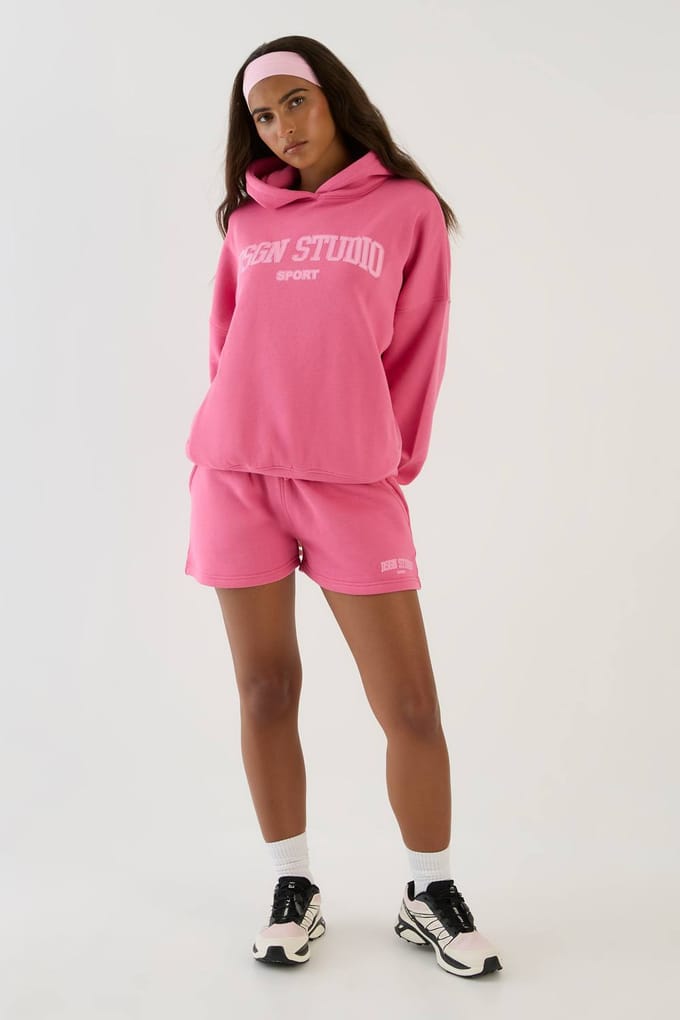 Dames Dsgn Studio Collegiate Trainingspak Met Capuchon En Korte Broek | Candy Pink | Maat: Small